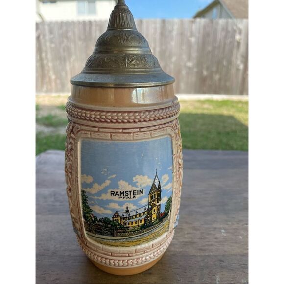 Vintage German Beer Stein Handmade Handpainted Pewter Lid Ramstein Pfalz Town - Picture 2 of 15